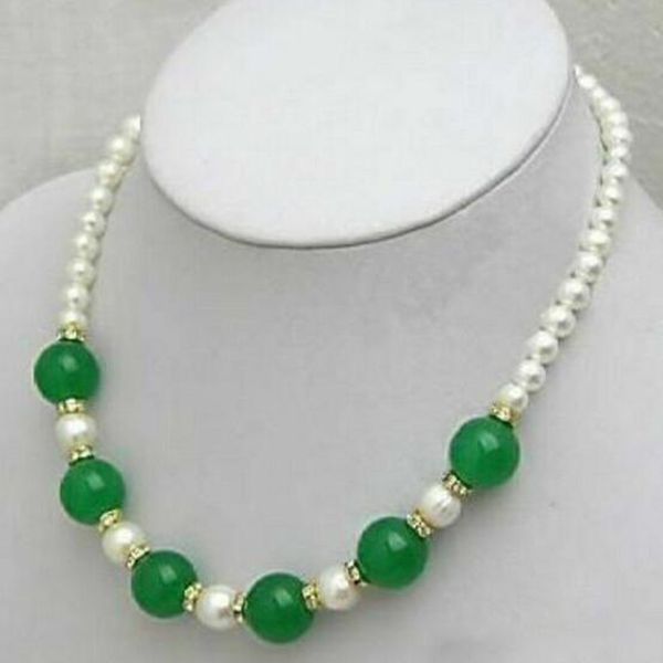 

7-8mm white pearl green jade gemstone round beads necklace 18", Silver