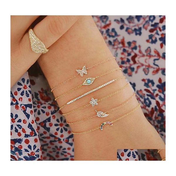 

charm bracelets fashion jewelry mtilayer bracelet set rhinestone butterfly leaf flower blue eye thin chain bracelets 6pcs/set drop de dhx4t, Golden;silver