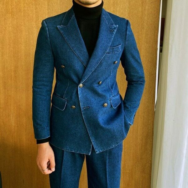 

men's suits blazers denim blue men fit slim formal party prom costume homme custom made double breasted blazer pant 221201, White;black