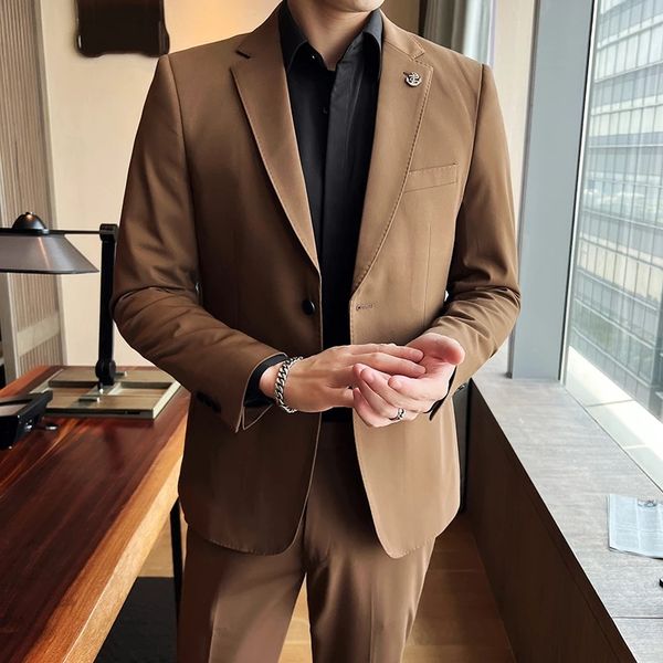 

autumn british suit men's business slim suit two-piece blazer trousers groom wedding dress clothing party stage costume homme, Black;gray