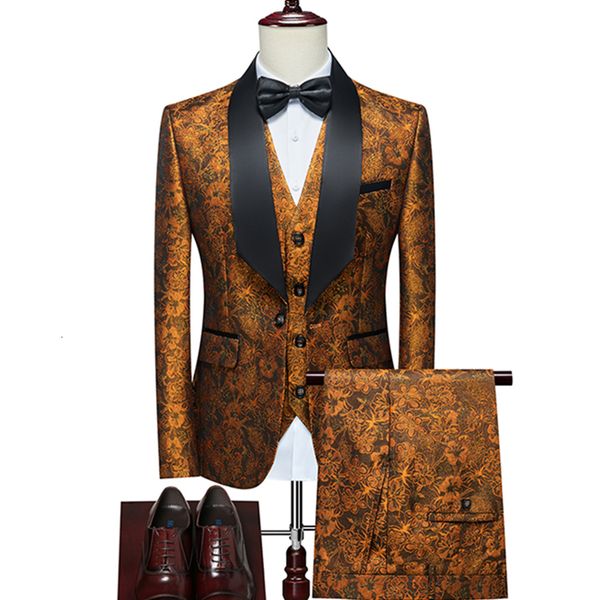 

men's suits blazers fashion casual business wedding flower dresses / slim fit printed suit jacket pants vest 3 pcs set 221201, White;black