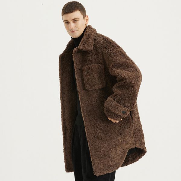 

men's wool blends imitation lamb winter loose cashmere midlength coat particles overcoat trend 221201, Black