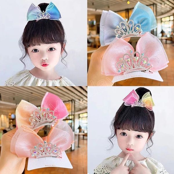 

childrens hairpin rhinestones mesh bow kids head barrettes fairy headdress princess crown duckbill clip girl hair accessory, Golden;silver