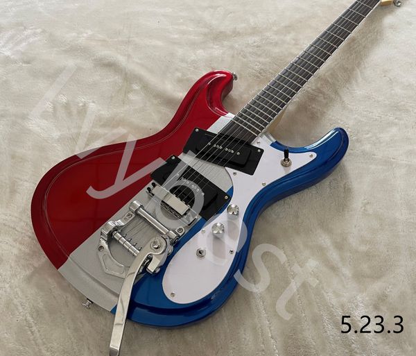 

electric guitar left hand body with solid metalic red silver and blue color short bigsby tail white pickguard soap shape pickups