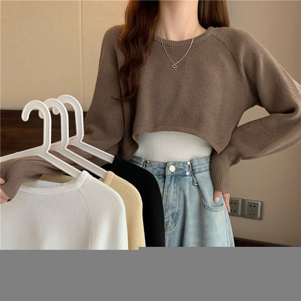 

women's sweaters autumn women solid o-neck loose pullover crop shirts femme knit outwear jumpers 221201, White;black