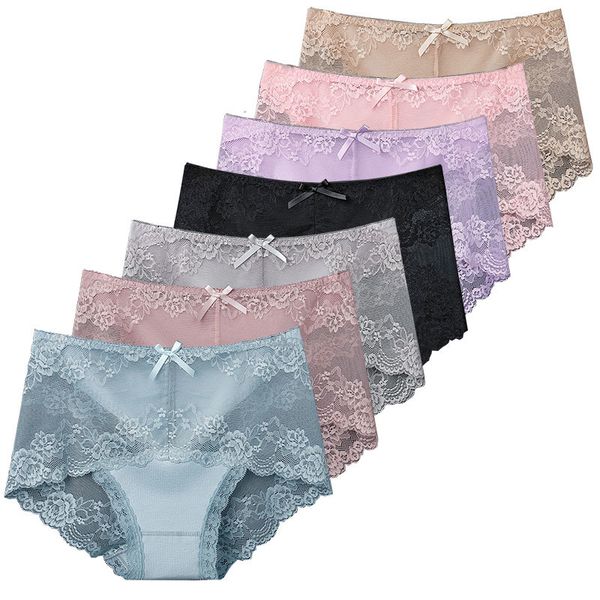 

women's panties 7pcs cotton women's underwear lace transparent panties comfortable antibacterial plus size pants female lingerie 2, Black;pink