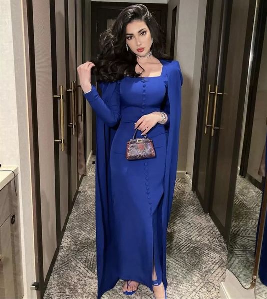

vestidos de noche largos evening dresses royal blue square neck buttons front split prom dress with wrap cape long sleeves, Black