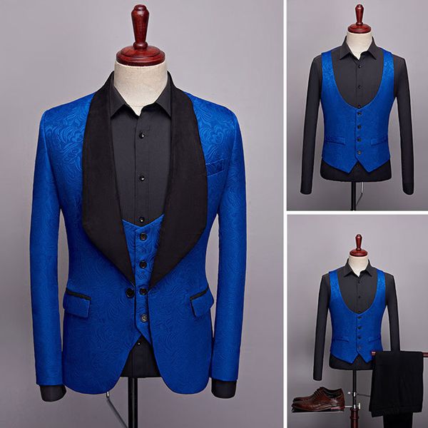

men's suits blazers 3 piece floral wedding tuxedo for groom with big black collar men business jacquard pattern male fashion costume 22, White;black