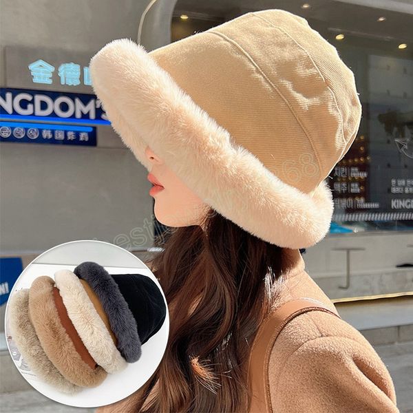 

winter plush bucket hat warm velvet fisherman caps for women lady thicken autumn outdoor panama casual basin hats, Blue;gray