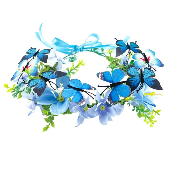 

blue butterflies crown flowers headband hair wreath floral garland headpiece