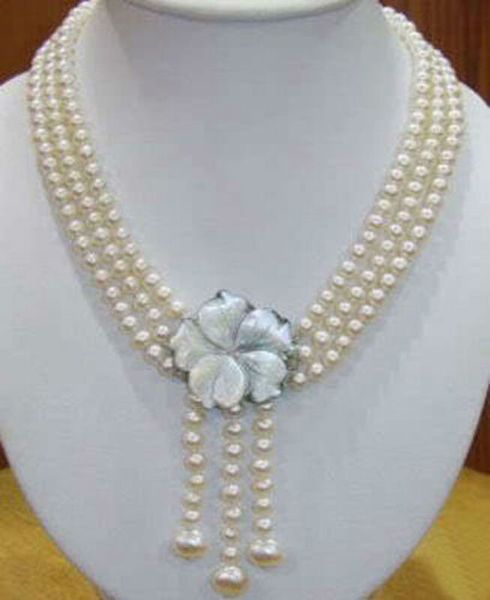 

wonderful 7-8mm 3rows white cultured pearl shell clasp necklace, Silver