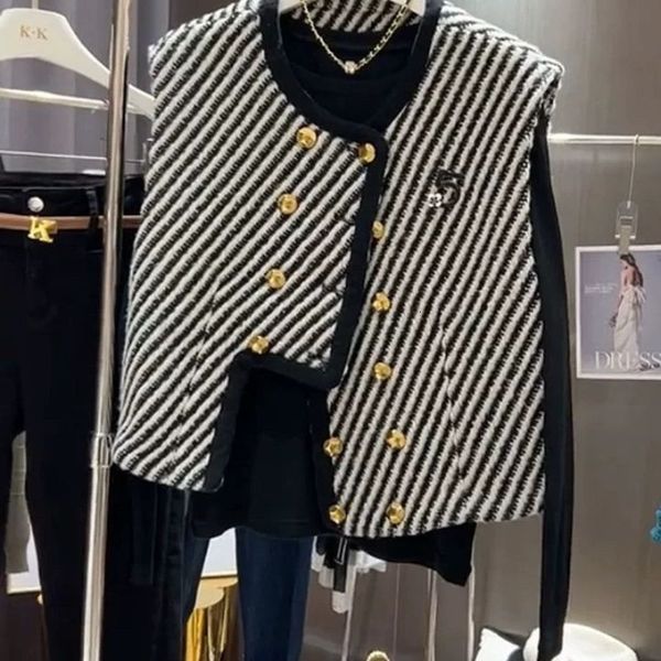 

women's vests small fragrance double breasted striped vintage autumn winter jacket for women irregular chalecos para mujer 221202, Black;white