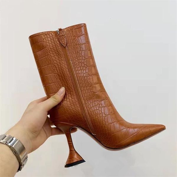 

Crocodile Pattern Leather Short Boots Cup Heels Modern Shoes Woman Party Shoe Sexy High Heel Ankle Boot Women Pointed, Red brown