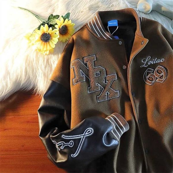 

men's jackets resuapre patchwork embroidery letter jacket leather sleeve high street retro men's and women's bomber jacket t2, Black;brown