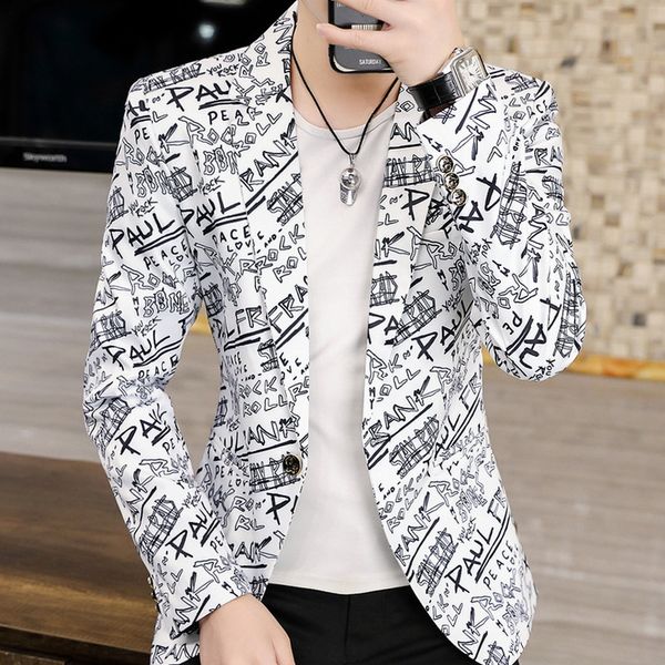 

men's suits blazers brand fashion clothing party coat casual slim jacket button letter flower print male 221201, White;black