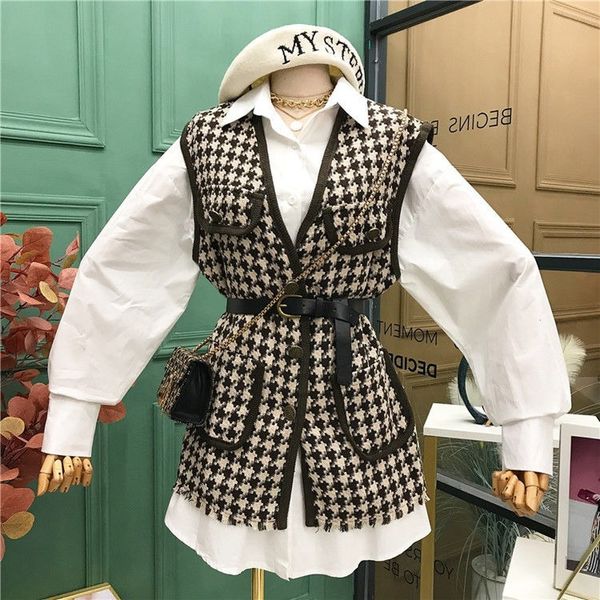 

women's vests suit solid color simple women blouse chic sashes slim waist plaid panelled patchwork vest coats 2 piece set 221202, Black;white