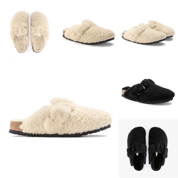 

new wool slippers men and women fall winter flip-flops cork bottom thick solid color round head inside increase outside wear bun head 35-44, Black