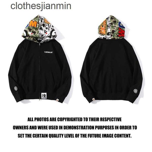 

popular logo fashion men's hoodie shop wholesale and ret new hip hop shark head ape camouflage pattern printed sweater zipper men women, Black