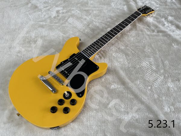 

lvyelectric guitar solid yellow color black pickguard 4 pots dots rosewood fingerboard inlay p90 black soap shape pickups