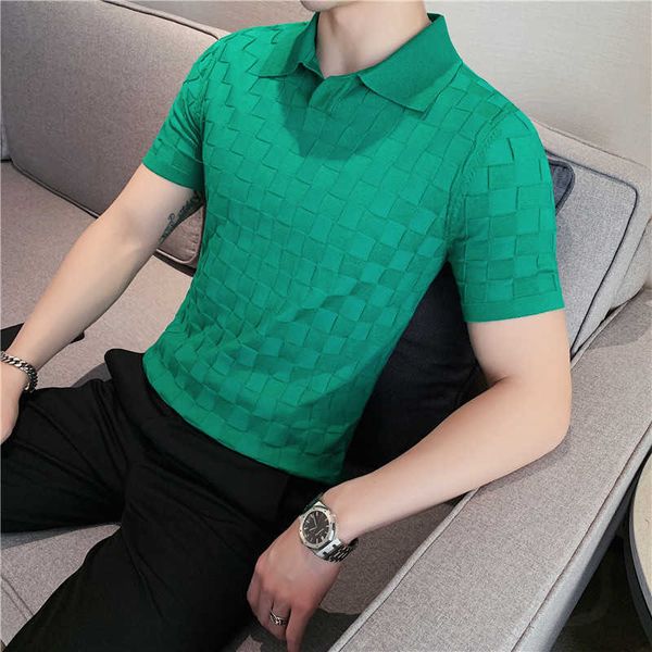 

men's t-shirts 2022 summer plaid short sleeve t-shirt vintage green v-neck knit polo shirt stretch slim lapel casual business social po, White;black