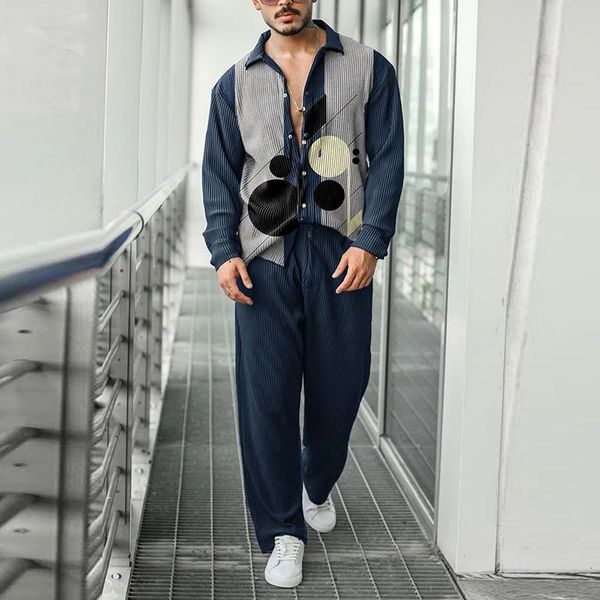 

men's tracksuits vintage pattern print 2 piece set casual long sleeve lapel single breasted shirt wide leg pant suit fashion loose sets, Gray