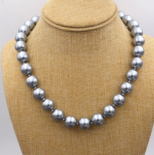 

huge 14mm genuine gray south shell pearl beads necklace 18'' aaa, Silver