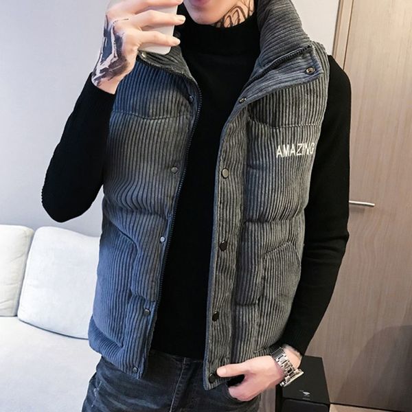 

men's vests m5xl mens vests coats autumn winter male waistcoats jacket stand collar zipper solid 3 colors corduroy outerwear clothes 55, Black;white