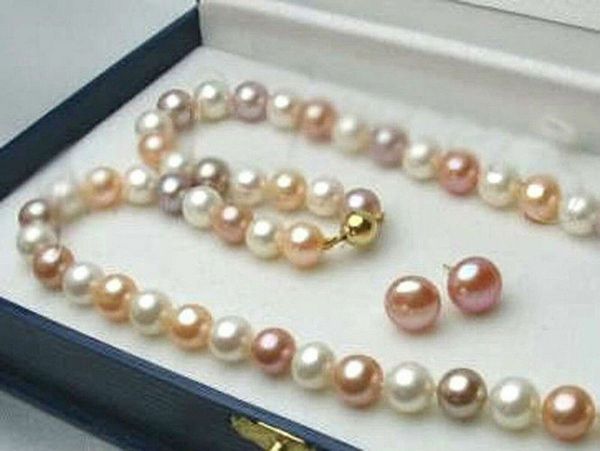 

8-9mm white pink purple cultured pearl necklace earrings set 18", Silver