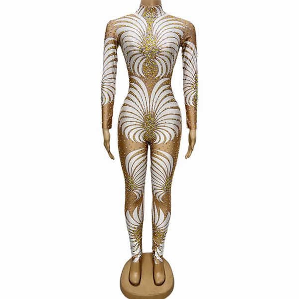 

women rhinestones printing jumpsuit pink white elastic long sleeve skinny rompers evening party birthday celebration crystal leotard nightcl, Black;white