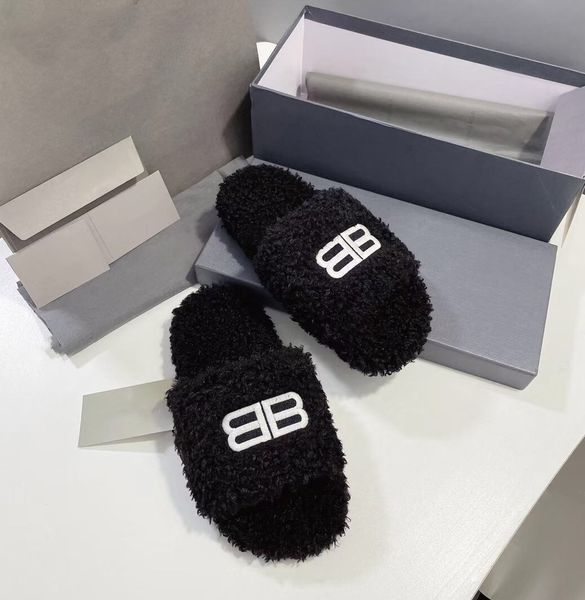 

designer slippers luxury women's wool slide sandal in fake shearling open toes flat heel eu34-41 with box inddor l office, Black