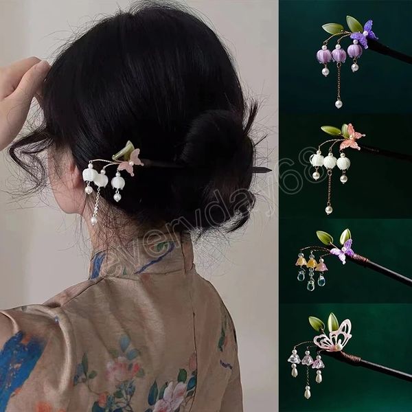 

hanfu cheongsam classical hairpins bell orchid style hair stick pearl tassel hairpin headwear ladies' ancient hair accessories, Golden;silver