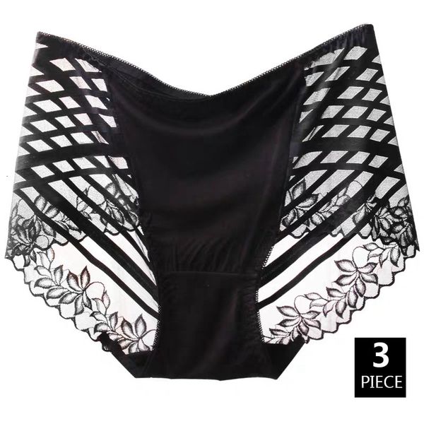 

women's panties 3pcs women high elasticity hollow lace breathable underwear middle waist transparent stripe flower mesh soft panties br, Black;pink