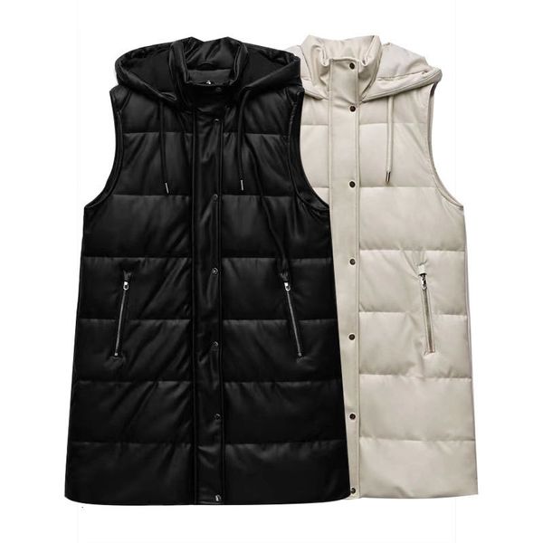 

women's vests winter clothe fashion faux leather padded long vest jacket hooded coat vintage pu female waistcoat chic 221202, Black;white