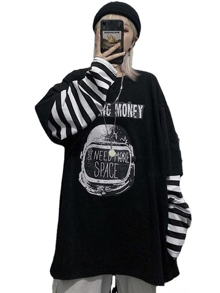 

women's t shirt autumn tshirt casual letter print o neck stripe tees creativity loose t shirt long sleeve oversize hip hop streetwear 2, White