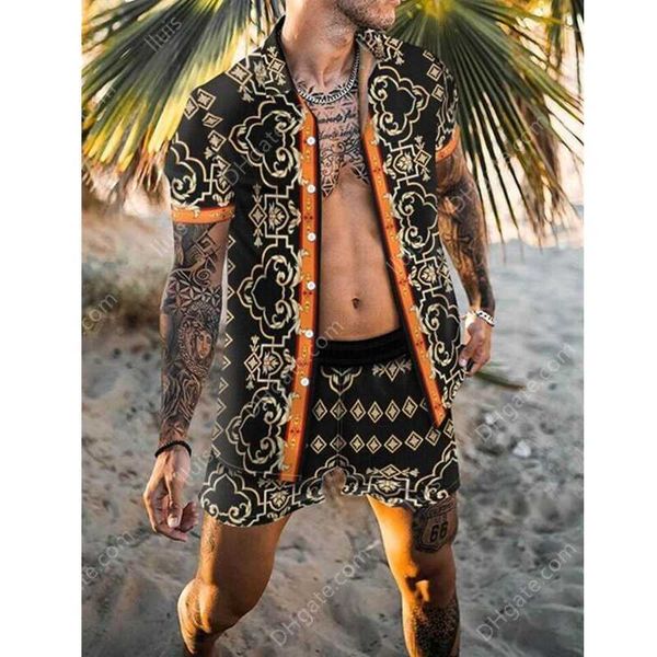 

sports tracksuits hawaiian mens printing short sleeve summer casual floral shirt beach two piece suit fashion men sets s 3xl, Gray