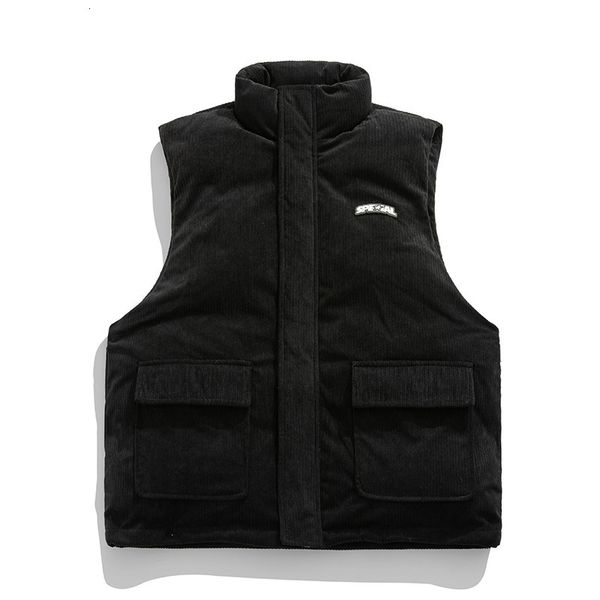 

men's vests autumn winter padded vest men japanese retro corduroy women warm sleeveless jacket couple stand collar windbreaker waistcoa, Black;white