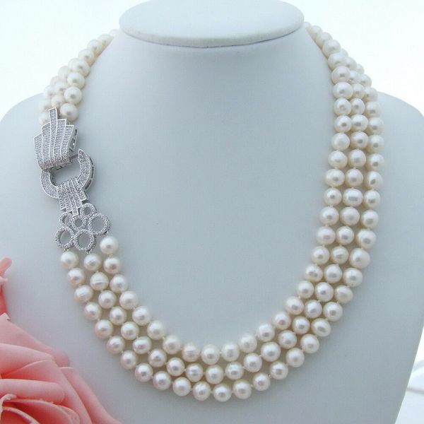 

fashion jewelry 17-19'' 8-9mm 3 strands white pearl necklace cz clasp, Silver