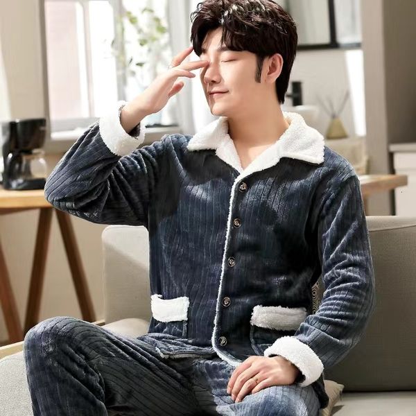 

men's sleepwear men winter thick coral fleece pajamas set warm soft pijama hombre pijama couple homme nightwear pyjamas msj01 221202, Black;brown