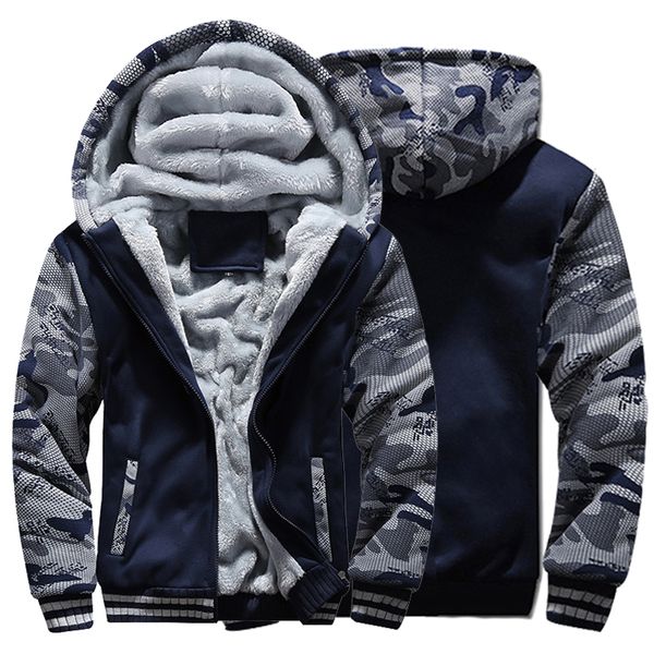 

men's down parkas men winter camouflage jacket fashion wool thicken jackets hooded fleece long sleeve coat male casual streetwear cloth, Black