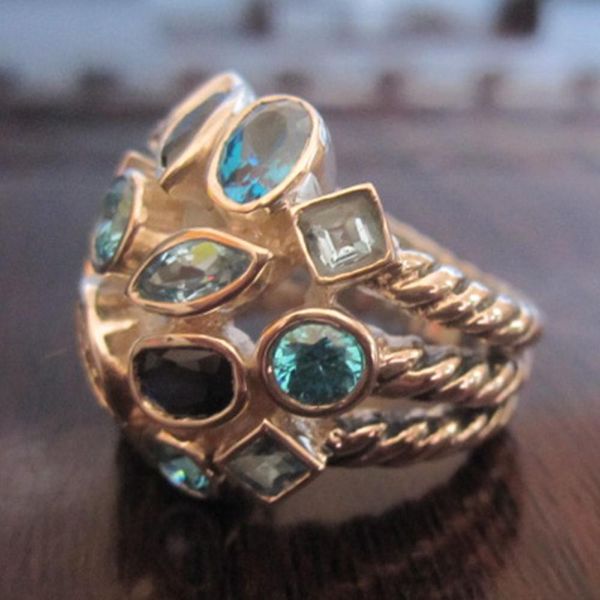 

solid 925 sterling silver rings blue ring for women design brand gemstone jewelry large rhodalite garnet confetti ring, Golden;silver