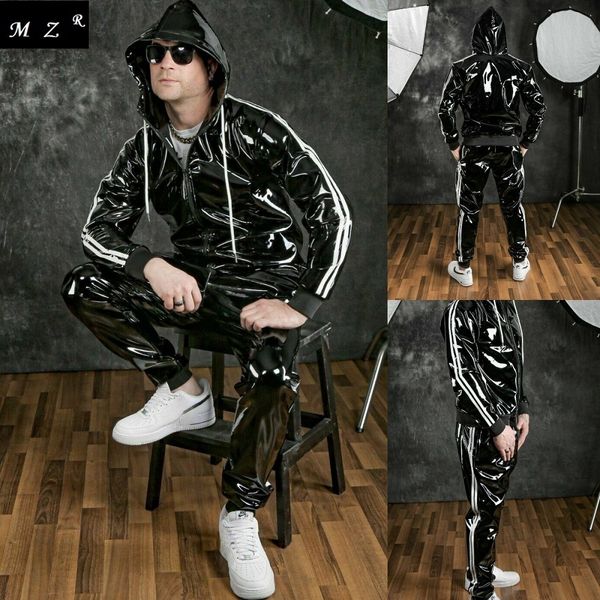 

men's tracksuits autumn and winter men set fashion pu hoodie motorcycle casual jogging jacket sports suit 221201, Gray