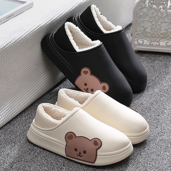 

slippers winter warm waterproof women cartoon bear furry non-slip sole plush home cotton shoes indoor outdoor thick heel slides 221203, Black