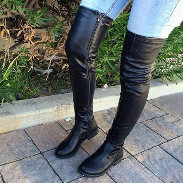 

boots winter black over the knee shoes women pu low heels stretch thigh high woman's casual feminina botas 221203
