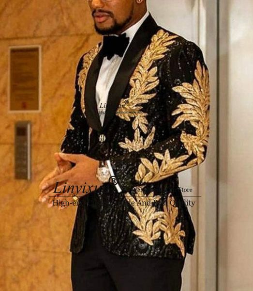 

men's suits blazers slim fit terno masculino shiny sequins gold applique men prom tuxedos grooms set 2 pieces blazer pants costume homm, White;black