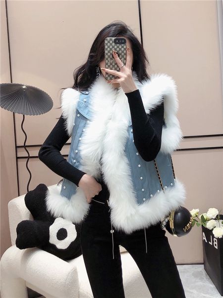 

women's vests women's coat autumnwinter denim fur jacket midlength thicken jeans vests coats sleeveless warm jackets 221202, Black;white