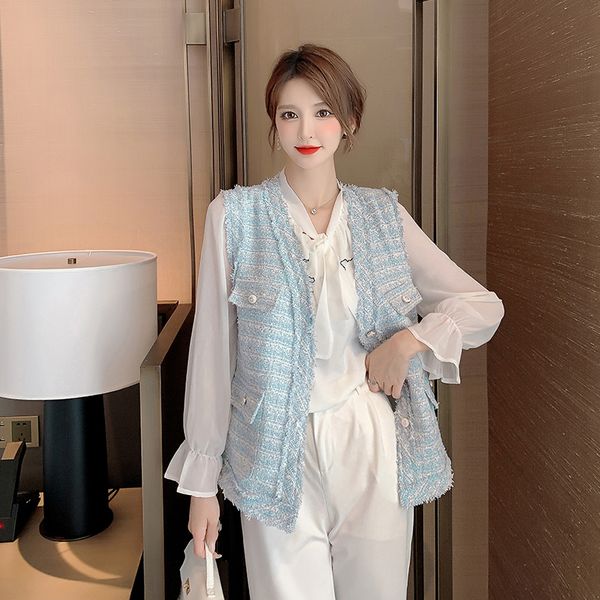 

women's vests autumn sleeveless tassel tweed vest jacket fashion women pocket vneck coat lady loose jacket vests 221202, Black;white