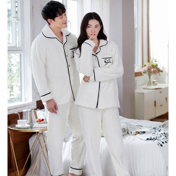 

men's sleepwear white couple pajamas set autumn winter soft thicken flannel women men pyjamas long sleeve lover lounge pijama 221202, Black;brown