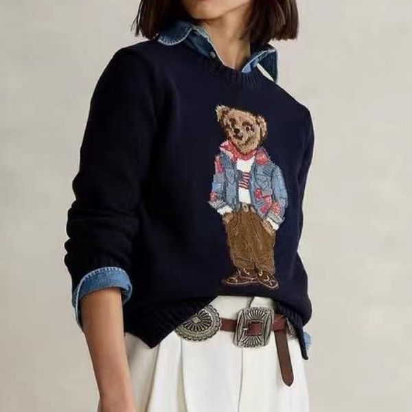 

designer sweater men's and women's couple bear embroidery hook flower round neck solid color long sleeve sweater jumper base, White;black