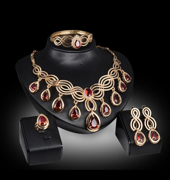 

necklaces earrings bangles rings jewelry sets women fashion water drop rhinestone 18k gold plated 4piece set wedding jewelry js021905246, Slivery;golden
