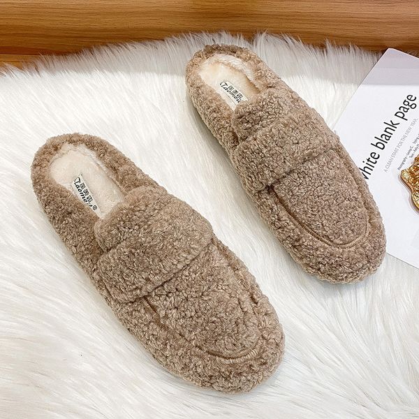

slippers winter warm plush mules women one band fur slippers cozy cotton shoes woman flat cover toe fleeces slides femme plus size 34-43 221, Black